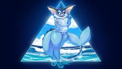 anthro areola big_areola big_breasts black_sclera blep blue_areola blue_body blue_nipples bottomless breasts clothed clothing cloud day dripping_wet eeveelution feet_in_water female fin genitals gesture hi_res kawfee looking_at_viewer mostly_nude nintendo nipples outside paws pokémon_(species) pokemon pokemon_(species) pussy sea shirt shirt_only simple_background sky solo standing tongue tongue_out topwear topwear_only translucent translucent_clothing translucent_shirt translucent_topwear v_sign vaporeon video_games water white_eyes