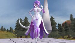 1girls 3d alien alternate_species barefoot breasts canastus crossover dragon_ball feet fighting_ring floating frieza_race friezavoir gardevoir hips long_skirt long_tail looking_at_viewer naked nintendo nipples original_character pinup pokémon_(species) pokemon pokemon_(species) purple_hair purple_nail_polish red_eyes source_filmmaker transformation white_skin