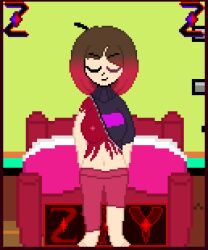 2d bete_noire breasts breasts_out brown_hair closed_eyes glitchtale half_clothed half_nude pink_hair pink_highlights pixel_art self_upload smirking undertale undertale_(series) undertale_au z!betty zixy