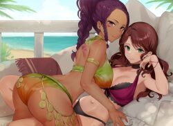 2girls absurdres alternate_costume alternate_hairstyle ass beach big_ass breasts brown_hair cleavage commission couch cowgirl_position dark-skinned_female dark_skin dorothea_arnault dorothea_arnault_(summer) female female_only fire_emblem fire_emblem:_three_houses fire_emblem_heroes green_eyes haru_(nakajou-28) highres looking_at_viewer lying multiple_girls nintendo official_alternate_costume on_back petra_macneary ponytail purple_hair skeb_commission swimsuit