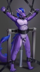 anthro ball_gag bondage bound chastity_cage chastity_device chilldog cuff_(restraint) dragon furry gag handcuffs hi_res male metal_cuffs restraints solo straps