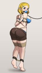 1girls ankle_cuffs arms_tied_behind_back ass back ball_gag bikini bikini_under_clothes blonde_hair blue_bikini blue_eyes blue_swimsuit bondage braided_hair breasts brown_shorts collar crotch_rope dankestofdans gag gagged hairclip large_breasts leash legs_tied looking_back nintendo nipple_bulge princess_zelda rope rope_between_breasts rope_bondage shibari_over_clothes short_hair shorts slave swimsuit swimsuit_under_clothes tears_of_the_kingdom the_legend_of_zelda zelda_(tears_of_the_kingdom)