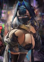 1girls blue_eyes blue_hair bra breasts female hololive hololive_english hololive_english_-council- huge_breasts looking_at_viewer mask massive_breasts ouro_kronii short_hair thick_thighs thighhighs top_lift virtual_youtuber vyragami youtuber