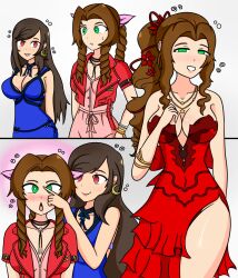 2girls aerith_gainsborough black_hair blue_bra blue_dress bow bow_choker bow_in_hair bra_peek bracelets braided_ponytail breasts brown_hair choker crescent_moon_earrings cropped_jacket dress earrings final_fantasy final_fantasy_vii finger_on_forehead green_eyes hypnosis jacket large_breasts long_hair looking_at_viewer mind_control necklace no_bra pink_dress ponytail red_dress red_eyes red_jacket ribbon_in_hair short_dress side_slit sortish-kinda strapless strapless_dress tifa_lockhart