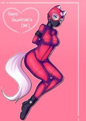 1girls 2d ankle_cuffs argrim arms_tied_behind_back blue_eyes bodysuit bondage bondage_hood breasts collar fox_ears fox_tail gag gagged latex latex_bodysuit laying_down legs_tied medium_breasts muzzle muzzle_gag on_side original pink_bodysuit slave valentine's_day