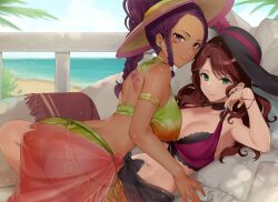 2girls absurdres alternate_costume alternate_hairstyle ass beach big_ass breasts brown_hair cleavage commission couch cowgirl_position dark-skinned_female dark_skin dorothea_arnault dorothea_arnault_(summer) female female_only fire_emblem fire_emblem:_three_houses fire_emblem_heroes green_eyes haru_(nakajou-28) highres looking_at_viewer lying multiple_girls nintendo official_alternate_costume on_back petra_macneary ponytail purple_hair sarong see-through skeb_commission swimsuit