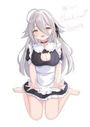 1girls barefoot blush boob_window cat_cutout collar female female_only grey_hair hair_ornament indie_virtual_youtuber inviting karmq light-skinned_female light_skin maid pale-skinned_female pale_skin silver_hair simple_background sitting solo virtual_youtuber white_background wholesome yellow_eyes yoruno_suyari