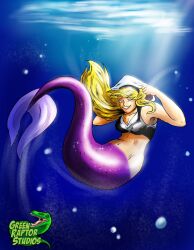 blonde_hair breasts cleavage female gwen_stacy looking_at_viewer marvel marvel_comics mermaid mermaid_girl mermaid_tail mermaid_transformation pete-da-graptor spider-gwen spider-man_(series) straight_hair underwater