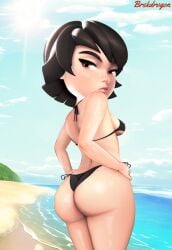 ass beach big_ass bikini bikini_bottom bikini_top black_hair brskdrvgon clash_(series) clash_royale from_behind hands_on_hips looking_back looking_back_at_viewer princess_(clash_royale) sand shiny shiny_skin short_hair sideboob sky sun suppercell swimsuit