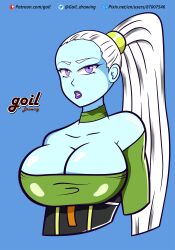 1girls angel_(dragon_ball) big_breasts blue_fur blue_skin breasts dragon_ball dragon_ball_super dragon_ball_z female female_only goil_drawing ponytail purple_eyes vados white_hair