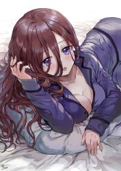 1girls artist_logo artist_request bangs bed bed_sheet blue_eyes blue_pajamas blush breasts brown_hair collarbone go-toubun_no_hanayome hair_between_eyes hand_on_head large_breasts long_hair looking_at_viewer nakano_miku open_clothes open_mouth open_pajamas pajamas pillow