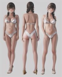 ai_generated back_view bikini brown_hair curvy_female curvy_figure cute detailed_shading fat_ass front_view heels heels_fetish innocent lace-trimmed_panties large_breasts original pose silver_bikini small_waist smile stable_diffusion thick_ass twintails white_heels