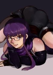 1girls absurd_res ass_up bare_shoulders black_gloves blue_eyes dark_hair elbow_gloves female female_only fingerless_gloves gintama glasses hi_res looking_at_viewer mole_under_eye on_stomach painting_(artwork) purple_hair red-framed_glasses sarutobi_ayame scarf shadow smile solo very_high_resolution