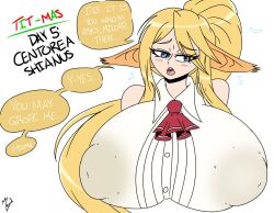 1girls animal_ears big_breasts blonde_hair blue_eyes breasts bust_portrait centaur centorea_shianus clothed clothes clothing dialogue female huge_breasts huge_nipples large_breasts monster_girl monster_musume_no_iru_nichijou mr.lewd nipple_bulge nipples nipples_visible_through_clothing open_mouth sweat text tit-mas_(mr.lewd)