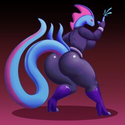 2022 big_ass big_breasts bubble_butt eliza_(lunis) finger_gun game_freak inteleon looking_back_at_viewer lunarartstudios_(artist) pokemon pokemon_(species) shiny_inteleon side_boob tail