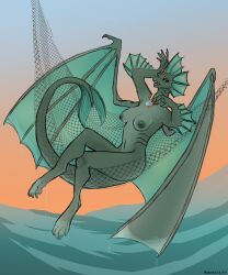 absurd_res anthro aquatic_dragon breasts dragon female fin fishing_net gills green_body green_scales hand_on_head hi_res marine membrane_(anatomy) membranous_wings net nipples non-mammal_breasts non-mammal_nipples orange_eyes scales scalie skalaza solo tail_fin vainovalkea western_dragon wings