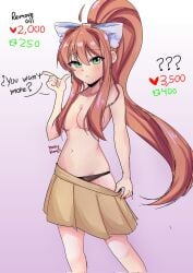 artist_name black_panties doki_doki_literature_club english_text green_eyes hair_over_breasts heart_icon komeji_nouzy long_hair monika_(doki_doki_literature_club) number numbers panties retweet_icon skirt strip_game text