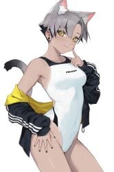 1girls black_nails breasts cat_ears cat_tail catgirl dark_skin female hand_on_hip kara_(vertigris) simple_background small_breasts swimsuit tagme thick_thighs tomboy vertigris vertigris_oc white_swimsuit yellow_eyes