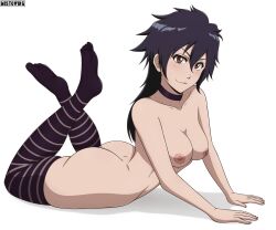 1girls arched_back arisawa_tatsuki arm_support ass barefoot big_breasts black_hair black_socks bleach breasts brown_eyes choker cleavage collarbone completely_nude crossed_legs feet female female_only legs_up legwear light-skinned_female light_skin long_hair lying lying_on_side mistowing naked neckwear nipples nude on_side socks solo solo_focus striped_socks tatsuki_arisawa thigh_socks thighhighs toes