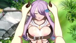 1boy 1girls 3d animated belt belt_bra beltbra big_breasts blue_eyes breasts cum cum_on_breasts ejaculation ejaculation_between_breasts female forest granblue_fantasy granblue_fantasy_versus hair_over_one_eye hetero horn_grab horns huge_breasts infinite_cum infinite_genital_fluids light-skinned_female light-skinned_male light_skin long_hair looking_at_viewer loop male narmaya_(granblue_fantasy) nodusfm paizuri paizuri_under_clothes post_orgasm post_orgasm_paizuri pov purple_hair sound standing_paizuri video