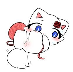 a_cat_is_fine_too blue_eyes blush cute embarrassed feline feral fluffy_tail legs_up original_character potatobud3 rose simple_background simple_coloring sweat sweatdrop sweating tagme white_background white_fur