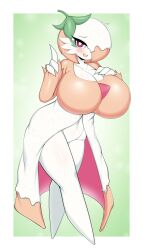 2d big_breasts blush breasts color dress dress_open female gardevoir generation_3_pokemon mouth_open one_eye_covered pink_eyes pokémon_(species) pokemon pokemon_(species) smile solo tailzkim white_body