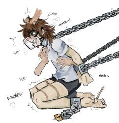 bondage chained chains clothed clothing collar crying crying_with_eyes_open drool drooling hair_grab hair_pull hair_pulling male male_only muzzle muzzled original original_art original_artwork original_character original_characters paintbrush rope tickle_fetish tickle_torture tickling tickling_feet