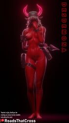 1girls 3d 3d_(artwork) blender breasts covered_eyes crossroads_(artist) demon demon_girl demon_horns desdemona_(fortnite) fortnite hair_over_eyes horn horns pointy_ears pussy red_skin tail tattoo tattoos white_hair x_redeyes