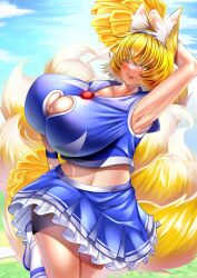 1girls big_breasts breasts busty cheerleader female fox fox_ears fox_girl fox_tail gigantic_breasts horny huge_breasts large_breasts massive_breasts navel nine_tailed_fox ran_yakumo touhou wildcat_(kusonemi)