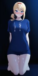 1girls ai_generated alice_schuberg blonde_hair blue_eyes blue_shirt blush cum cum_on_body cum_on_clothes cum_on_face female kneeling nai_diffusion no_pants shy stable_diffusion sword_art_online