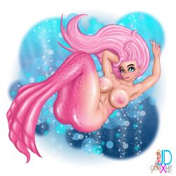 1girls big_breasts breasts fat_ass female female_only fish_girl hair jdcxart jpeg mermaid mermay nipples pink_hair pink_tail scales self_upload solo underwater water