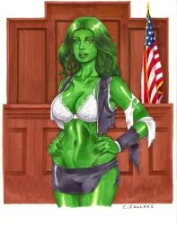 1girls artist_name big_breasts bra chris_foulkes color courtroom curly_hair curvaceous curvy curvy_body curvy_female curvy_figure drawn female female_only green_body green_eyes green_hair green_skin hands_on_hips hourglass_figure hulk_(series) marvel marvel_comics miniskirt she-hulk skirt solo solo_female tagme torn_clothes