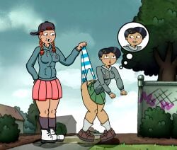 2girls amphibia amphibia_(series) black_hair blush hat jacket maggie_(amphibia) marcy_wu mswedgie123 no_sex open_mouth orange_hair secretly_likes_it secretly_loves_it simple_eyes skirt smooth_skin striped_panties wedgie