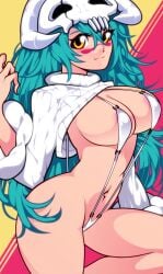 1girls absurdres aged_up aqua000marine aquamarinesss areola_slip arrancar bikini bleach breasts cleavage covered_nipples cropped_sweater dqn_(rokomoko0) facial_mark female female_only green_hair highres large_breasts long_hair long_sleeves looking_at_viewer navel nelliel_tu_odelschwanck ribbed_sweater skull skull_on_head slingshot_swimsuit solo sweater swimsuit turtleneck turtleneck_sweater white_bikini white_sweater yellow_eyes