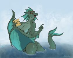 anthro aquatic_dragon barely_visible_nipples bathing breasts dragon embarrassed female fin gills goolee green_body green_scales hi_res marine membrane_(anatomy) membranous_wings nipples non-mammal_breasts non-mammal_nipples orange_eyes scales scalie skalaza solo western_dragon wings