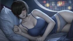 1girls asian asian_female big_ass big_breasts black_hair blush bottomless breasts breasts_focus chainsaw_man cleavage clothed clothing female female_only hartman_hips himeno_(chainsaw_man) light-skinned_female light_skin looking_at_viewer lying lying_on_bed lying_on_side mappa one_eye_obstructed pale-skinned_female pale_skin panties realistic sciamano240 semi-realism solo