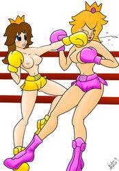 2girls battle blonde_hair blue_eyes blush boots boxing boxing_gloves boxing_match boxing_ring boxing_skirt breasts brown_hair catfight cheek_punch closed_eyes color crown female female_only fight fighting_ring flipped_hair gloves human human_only light-skinned_female light_skin lips lipstick long_hair looking_at_another mario_(series) mastersaruwatari multiple_girls nintendo nipples nude pale-skinned_female pale_skin parted_bangs pink_boots pink_boxing_gloves pink_gloves pink_lipstick pink_skirt princess_daisy princess_peach punch red_lipstick shoulder_length_hair side_view simple_background teeth thick thick_thighs thighs topless topless_boxing white_background wide_hips yellow_boots yellow_boxing_gloves yellow_gloves yellow_skirt