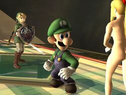 1girls 2boys 3d ass breasts crossover gun height_difference larger_female link link_(twilight_princess) luigi mario_(series) metroid nintendo nude nude_filter samus_aran size_difference smaller_male smooth_skin super_smash_bros. super_smash_bros._brawl the_legend_of_zelda twilight_princess weapon