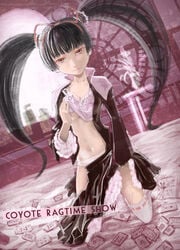 1girls black_hair bra card_deck coyote_ragtime_show dutch_angle facing_viewer full_body indoors kneeling long_hair looking_at_viewer march_(coyote_ragtime_show) panties pink_eyes playing_card solo tagme twintails undressing_self