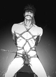 1boy artist_request black_and_white blindfold bondage erection gag gagged male male_only malesub monochrome nine_hours_nine_persons_nine_doors penis sigma_klim tagme tied_to_chair zero_escape