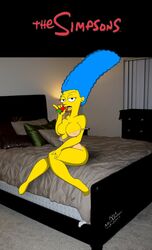 bed breasts clothes color dinohunterx female female_only human indoors marge_simpson sitting solo tagme the_simpsons