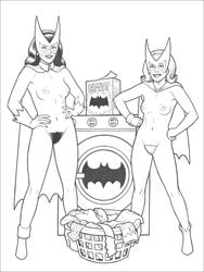 2girls bat-girl batman_(series) batwoman betty_kane breasts cape dc earrings female female_only gloves high-heeled_jill kate_kane masked monochrome nipples nude posing pubic_hair pussy simple_background smile washing_machine white_background