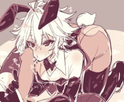 2boys all_fours ass ass_up bunny_ears bunnysuit fate/apocrypha fate_(series) femboy gay girly handjob haoro kneeling male_pov oral pov short_hair sieg_(fate/apocrypha) thighhighs trap yaoi