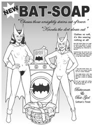 2girls bat-girl batman_(series) batwoman betty_kane breasts cape dc earrings female female_only gloves hairy_pussy high-heeled_jill kate_kane masked monochrome nipples nude posing pubic_hair pussy simple_background smile washing_machine white_background