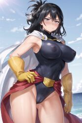 1girls ai_generated belt black_eyes black_hair blush bodysuit cameltoe cape covered_nipples covered_pussy erect_nipples_under_clothes gloves hand_on_hip my_hero_academia nana_shimura shounen_jump stable_diffusion standing tagme thanatosai thighs