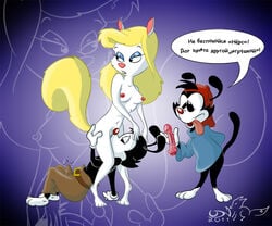 1girls 2boys animaniacs black_eyes blonde_hair cunnilingus dildo female licking minerva_mink mink nude oral text udn voyeur wakko_warner yakko_warner