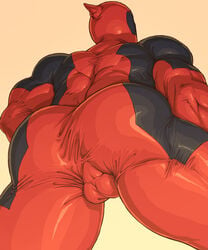 1boy ass back_muscles back_view backsack balls balls_outline balls_under_clothes bara big_ass big_butt bodysuit bubble_ass bubble_butt bulge butt clothed deadpool from_behind gay human human_only latex_suit low-angle_view male male_only marvel muscle muscles muscular muscular_male rokudenashi skin_tight solo superhero tight_bodysuit tight_clothes tight_clothing wade_wilson yaoi