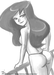 ass breasts butt dat_ass disney female female_only human john_joseco kim_possible long_hair looking_back monochrome naughty_face nipples shego sideboob solo thong topless