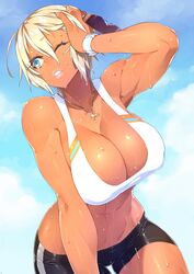 1girls abs bike_shorts blonde_hair blue_eyes breast breasts busty cleavage dark-skinned_female female female_only hair highres large_breasts lipstick makeup muscular_female necklace original sela_(sela_god) sela_god short_hair short_shorts shorts solo sunglasses sweat tank_top voluptuous watch wink