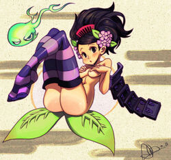 alex_ahad armor ass black_hair blush breasts brown_hair comb covering covering_breasts curvy flower footwear hair_flower hair_ornament hitodama jewelry jinkuro kneehighs leaf legs momohime muramasa_the_demon_blade nude nude_cover open_mouth purple_legwear signature sitting socks striped striped_legwear striped_socks thighhighs underboob vanillaware